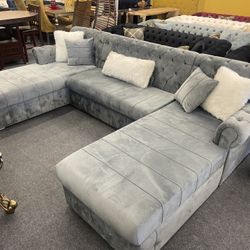 New Grey Velvet Living Room Sectional - Delivery And Financing Available 