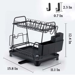 Panchydor Dish Drying Rack,2 Tier Stainless Steel Black Large Drying Rack for Kitchen Counter,Rust-Proof Automatic Draining Dish Rack with Utensil Hol