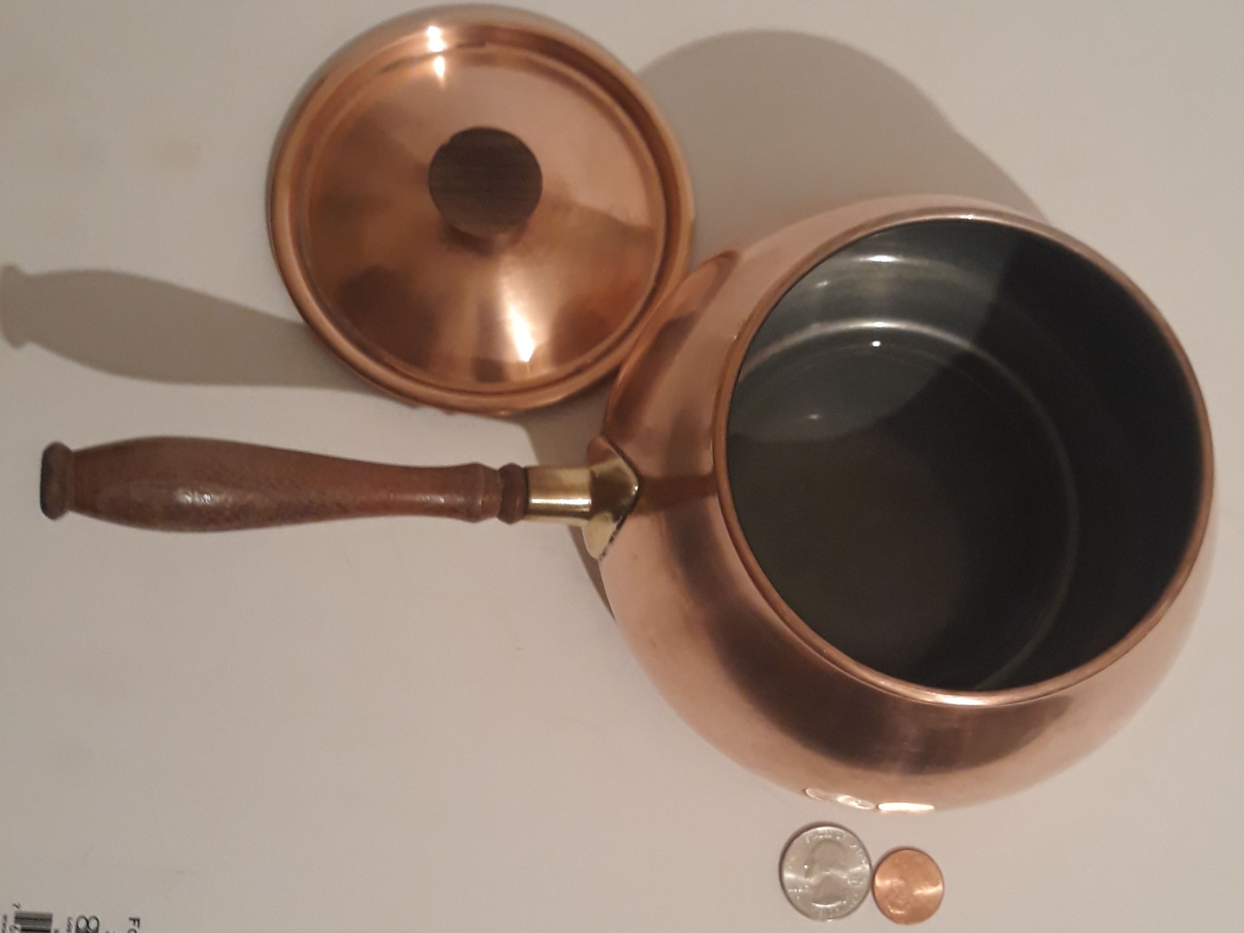 Vintage Metal Copper and Brass Cooking Pot, Lid, Wooden Handle, Made in Portugal, 11" Long and 6" x 3 1/2" Pan Size, Home Decor, Shelf Display