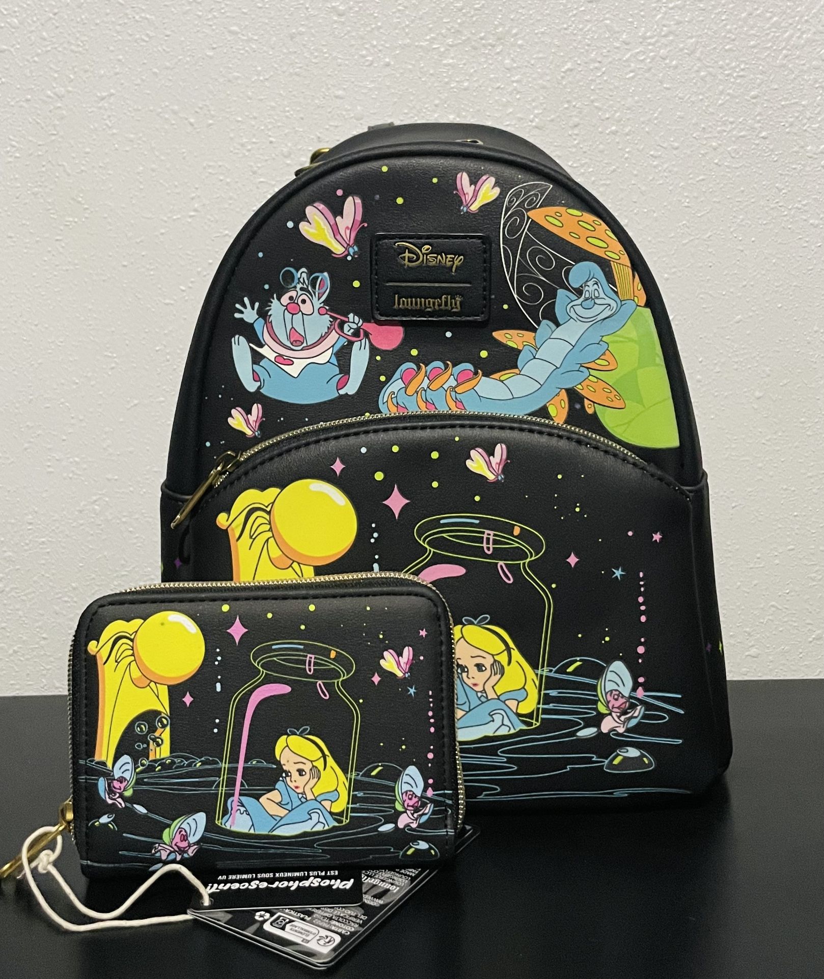 Loungefly Disney Alice In Wonderland Glow In Dark Characters Backpack and Wallet