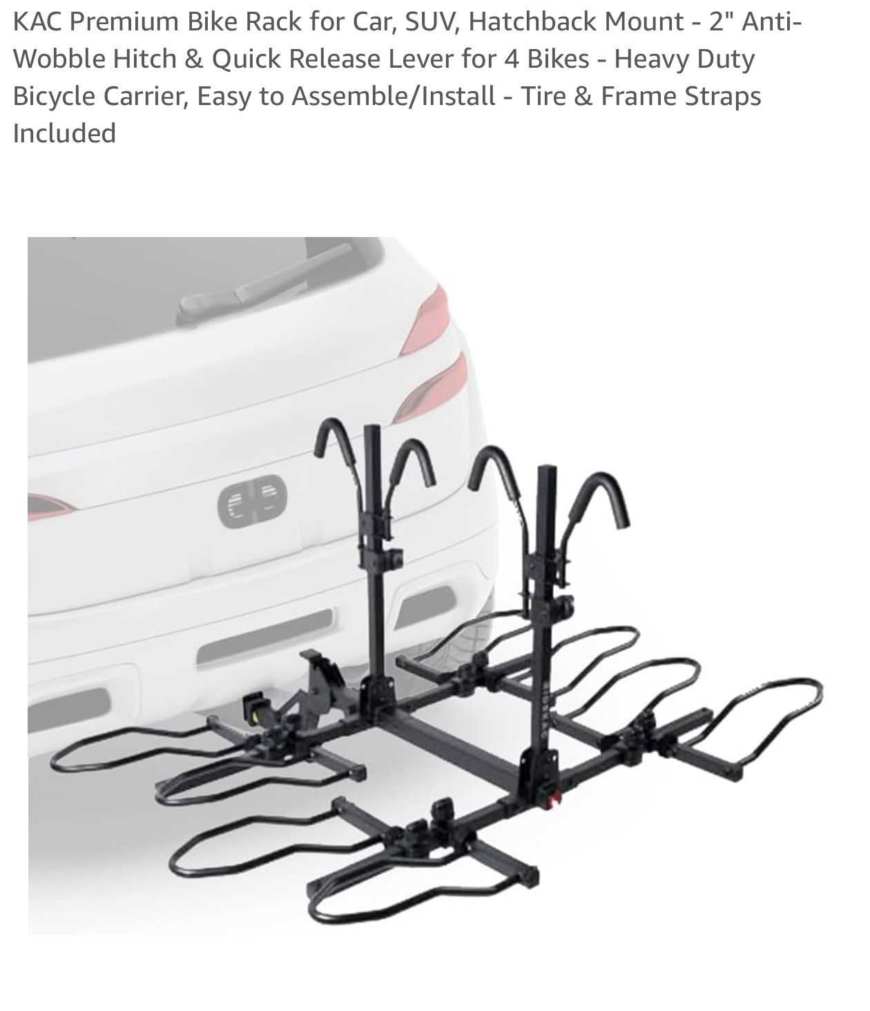 KAC Premium Bike Rack for Car, SUV, Hatchback Mount - 2" Anti-Wobble Hitch & Quick Release Lever for 4 Bikes