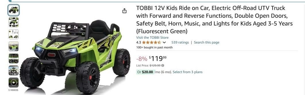 12V Kids Ride on Car, Electric Off-Road UTV Truck with Forward and Reverse Functions, Green