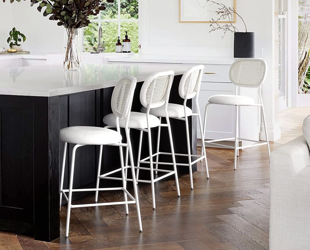 White Faux Leather Bar Stools Set of 4,Rattan and Wood Backrest with Metal Leg