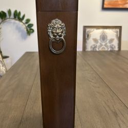 Vintage Wooden Box Match Holder with Brass Lion 13" Tall