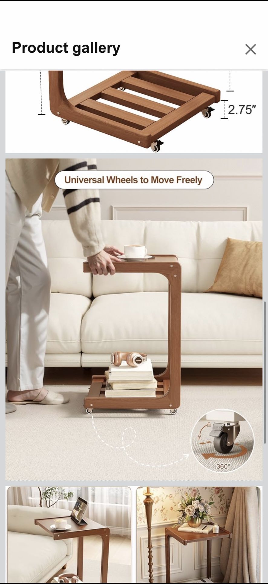 C Shaped End Table for Couch,Small Side Table Living Room,Slide Under Couch Table C Table End Table with Wheels,Soild Wood Side Table for Living Room 