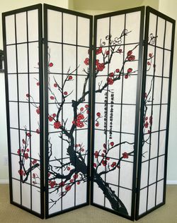 4-Panel Folding Room Divider / Privacy Screen – Cherry Blossom Design