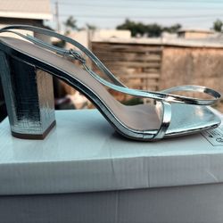 Women Silver Square Toe Chunky Heels