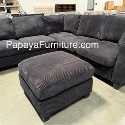 New! Black Sectional Sofa And Ottoman, Black Couch, Black Corduroy Sectional. L-Shaped Sofa, Couch, Sectionals, Black Sofa, Black Sectional,Plush Sofa