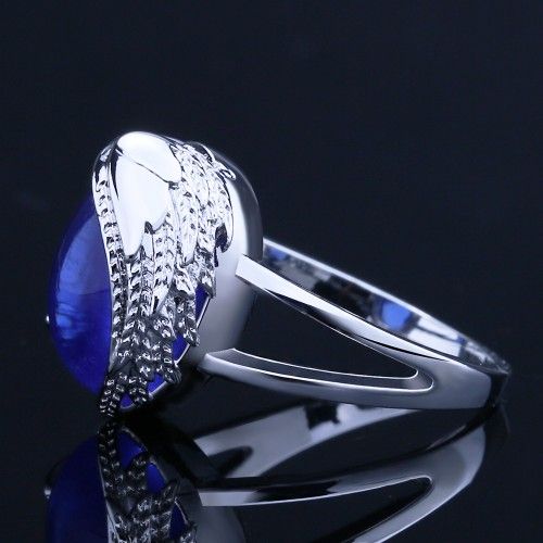 "Dainty Angel Wings Oval Royal Blue Gemstone Silver Angel Wings Ring, VIP566