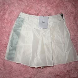 Christian Dior White Pleated Mini Skirt with Green Logo Detail and Side Zip