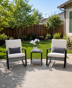 3 Piece Patio Rocking Chairs Set of 2, Outdoor Rocking Chair Bistro Set with Tempered Glass Coffee Table and Thick Lumbar Pillow Set, Front Porch Chai
