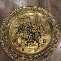 Vintage Large 18.5” Hammered Brass Embossed Plate Wall Decor. Made In England .  