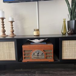 Black TV / Media Console with Rattan Cabinets