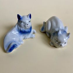 Porcelain Cats Pair Blue & White Mini Figures Japan Vintage Charming Playful 3”