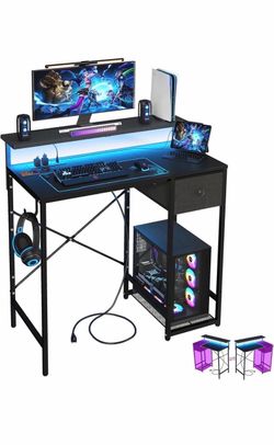 Black Gaming Desk with LED Lights and Storage
