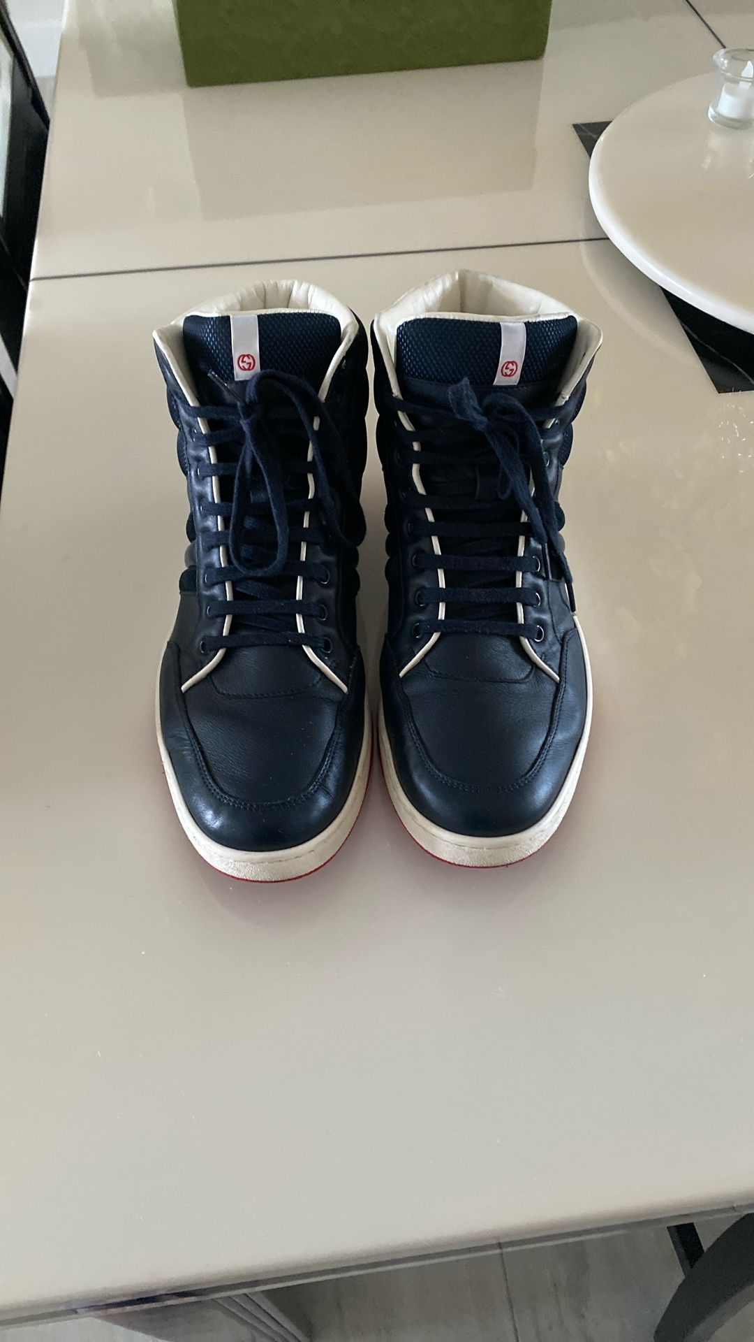 Men’s Gucci, Vintage size 10, navy leather high tops.