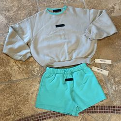 NWT~ESSENTIALS Fear of God Gray Mint Green Girls Kids Set Sweatshirt Shorts-10Y