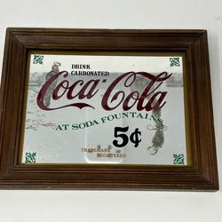 Coca Cola Vintage Style Mirror Sign Soda Fountain 5 Cents Wood Frame Wall Decor