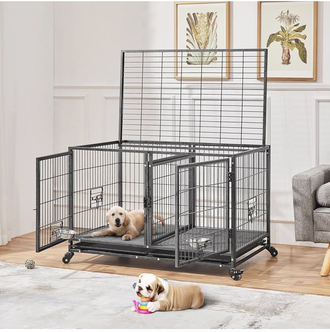 Stackable Dog Crate with Divider 43" Rolling Heavy Duty Dog Cage with Open Top/ 2 Removable Trays for Small/Medium Dog