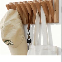 Coat Hooks Wall Mount & Key Holder, Wall Mounted Coat Rack with 9 Retractable Hangers, Solid Wood Slim Holder for Entryway, 17in Natural Finish