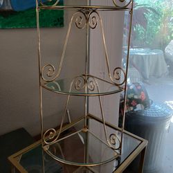 Vintage Mid Century Ornate Gold Metal Glass Corner 3 Tier Wall Hanging Shelf 