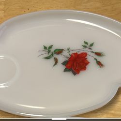 1 Vintage Federal  Milk Glass Rosecrest Snack Plate With Painted Red Rose No Cup 
