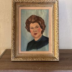 Weird Vintage Portrait Painting Old Framed Mid Century Modern 
