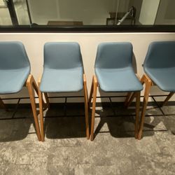 Set Of 4 Herman Miller Viv Wood Barstools (Blue Cushions)