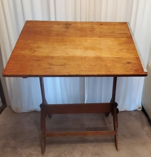 Mid-century Solid Wood And Cast Iron Drafting Desk