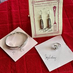 Antique Spoon Jewelry & Frosted Glass Ring & Earrings 
