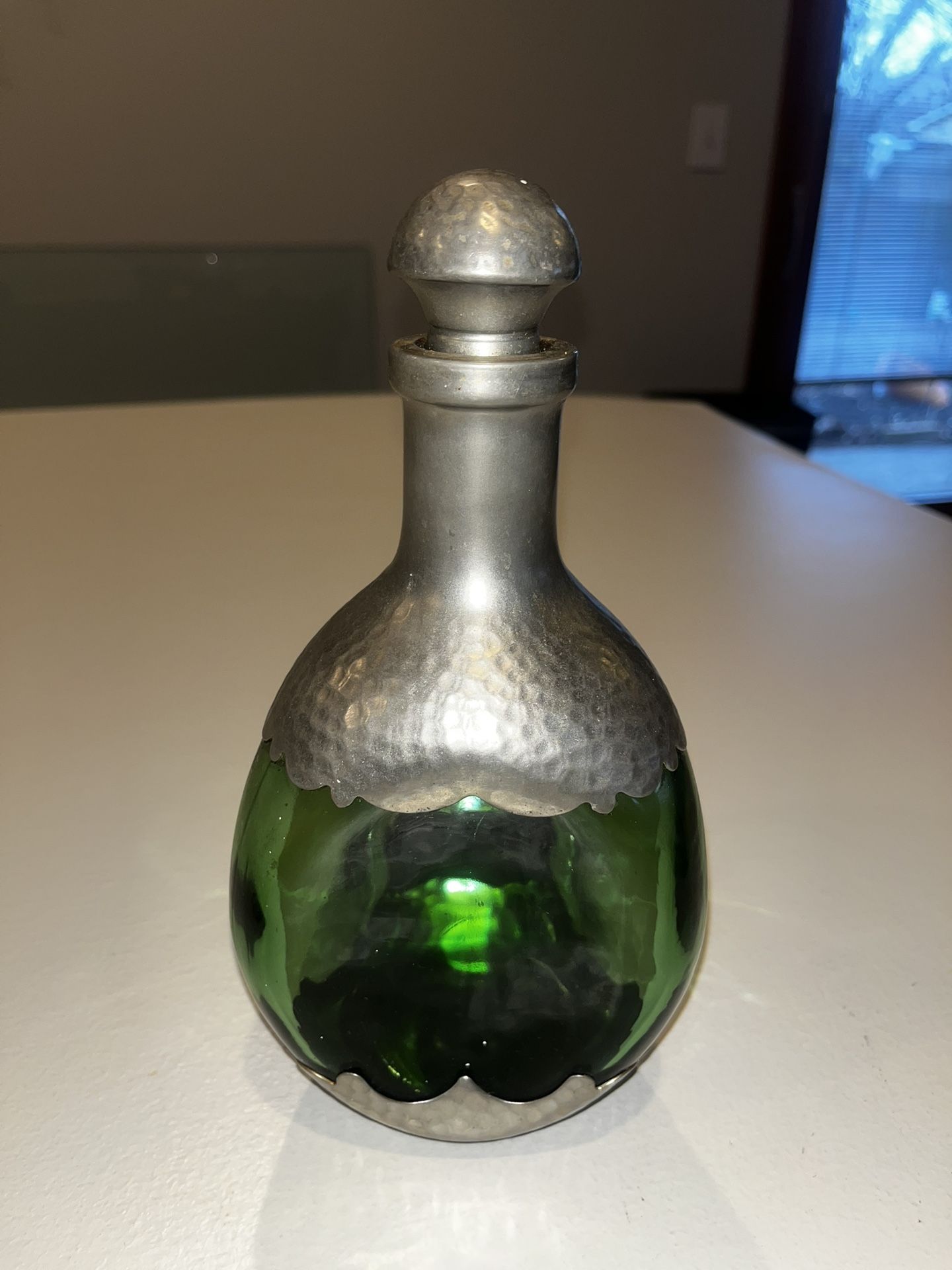 Vintage Royal Holland Doalderop Pewter overlay green glass Decanter bottle with stopper