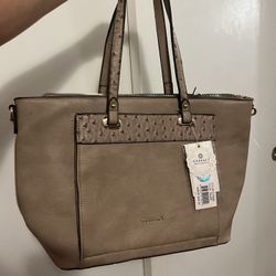 Gussaci Womensd Shoulder Bag Brown Tan Leather Ostrich Trim Crossbody Strap