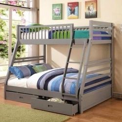 Brand New Grey Twin/Full Bunk Bed with Drawers