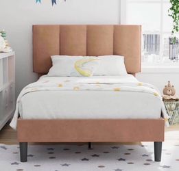 Twin Size Bed Frame with Upholstered Headboard, Heavy-Duty Bedframe with Wooden Slats & Steel Framework, Easy Assembly, Coffee