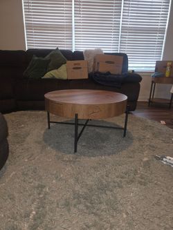 Round Wood Coffee Table with Metal Base