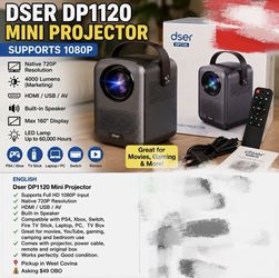 dser DP1120 LED Mini Projector 720p Native 1080p Support HDMI USB Portable