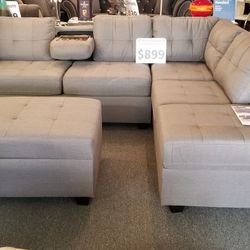 Brand New 102" x 81" Grey Or Brown Storage Sectional + Ottoman