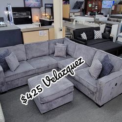 ✅️✅️4 pc dark grey corduroy fabric upholstered sectional sofa with USB plugs and ottoman✅️