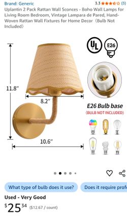 New 2 Pack Boho Rattan Wall Sconces, hardwired