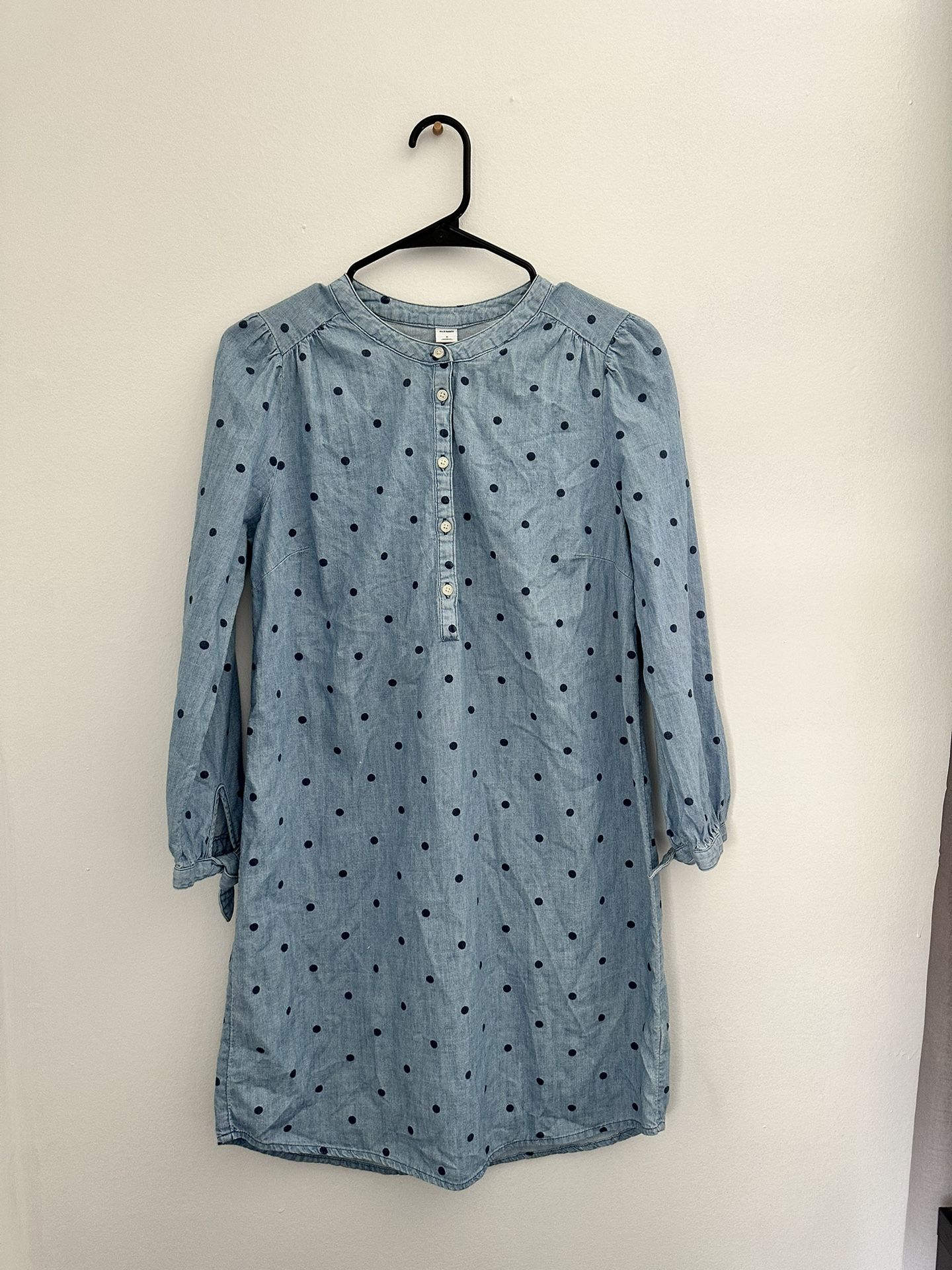 Old Navy Blue Denim Polka Dot Button Down Tie Sleeve Dress Small