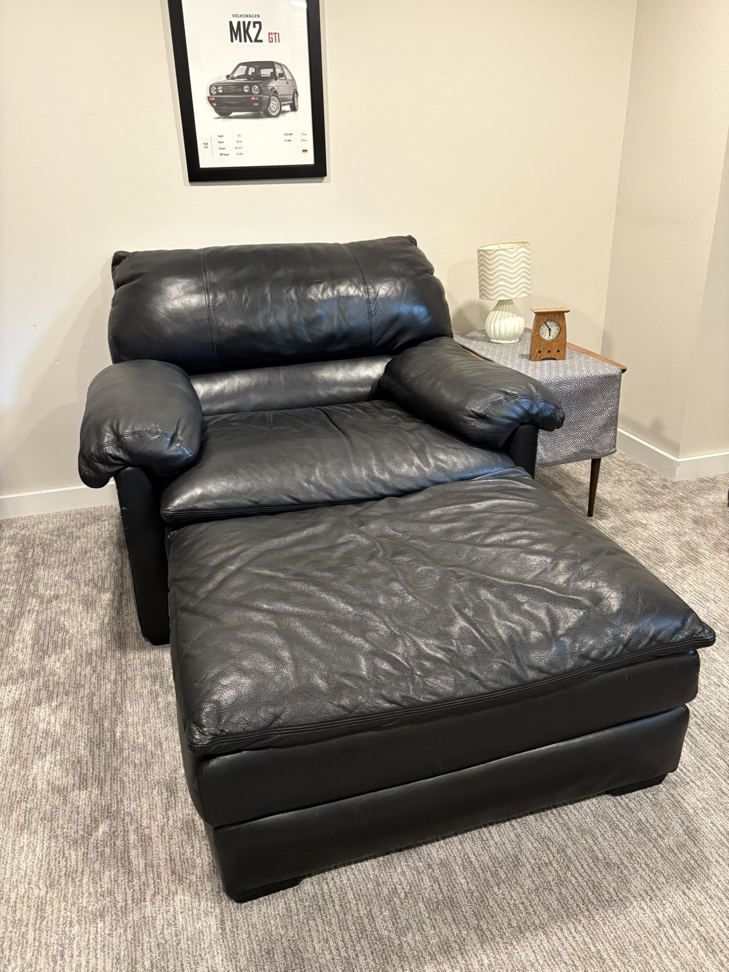 Black Leather Armchair with Ottoman