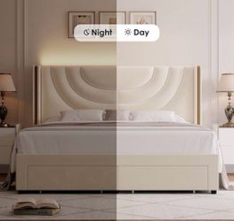 O115 $160 FULL Size Upholstered LED Bed Frame with 2 Storage Drawers, Velvet Platform Bed   FULL SIZE  Lavish and Modern Style: This upholstered platf