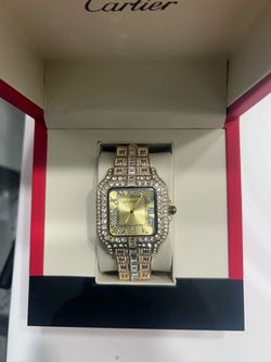 Cartier-Style Iced Out Gold Watch