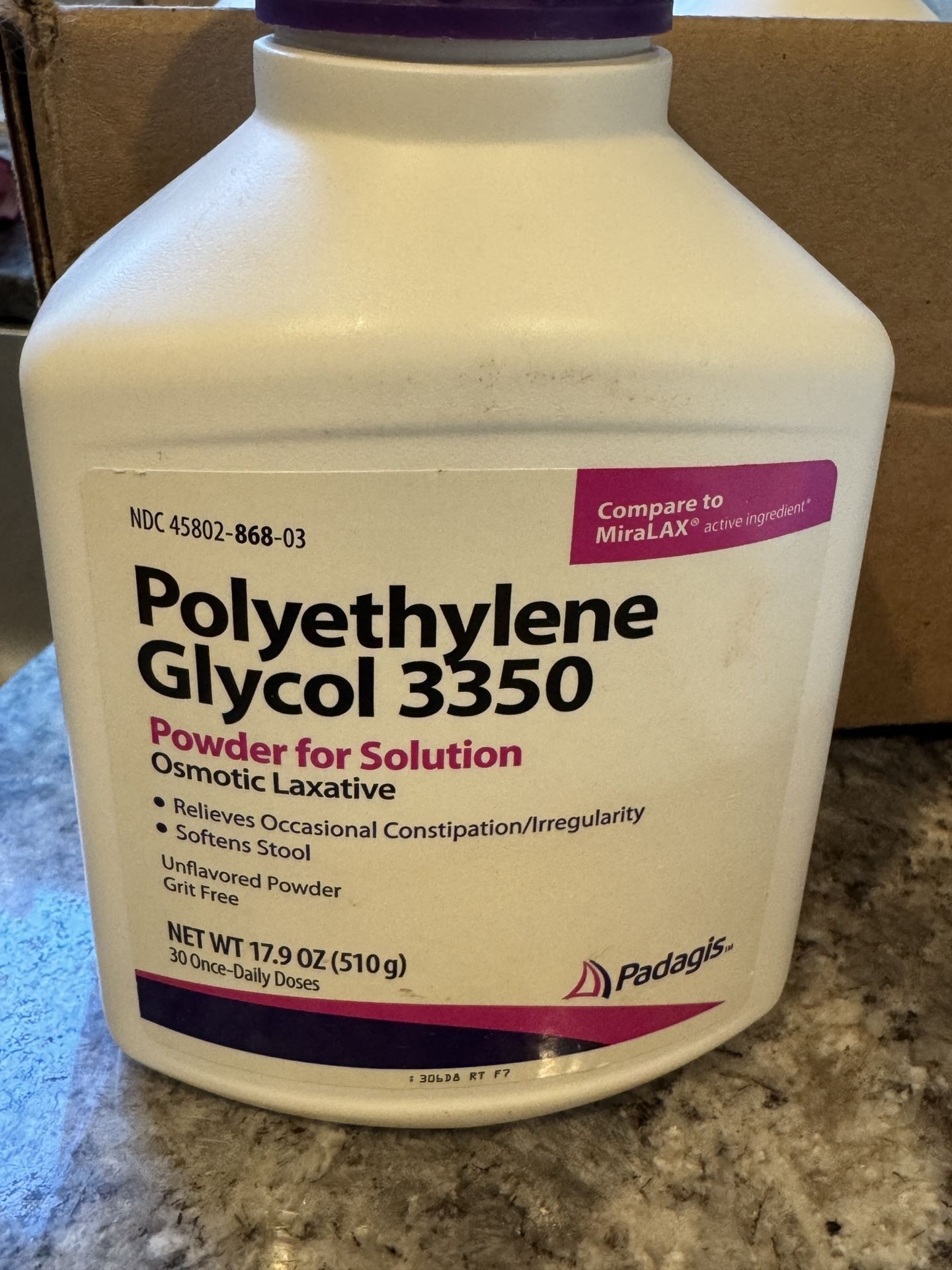 Polyethylene Glycol 3350 Powder for Solution Osmotic Laxative • Relieves Occasional Constipation/Irregularity / Softens Stool Unflavored Powder