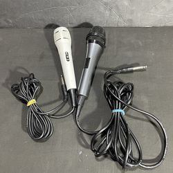 Two unbranded microphones on an off switch with a quarter inch male input tested work great