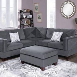 Grey Velvet Sectional w/ Ottoman 