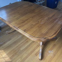 Solid Oak Table, Two Leaves And Six Chairs 