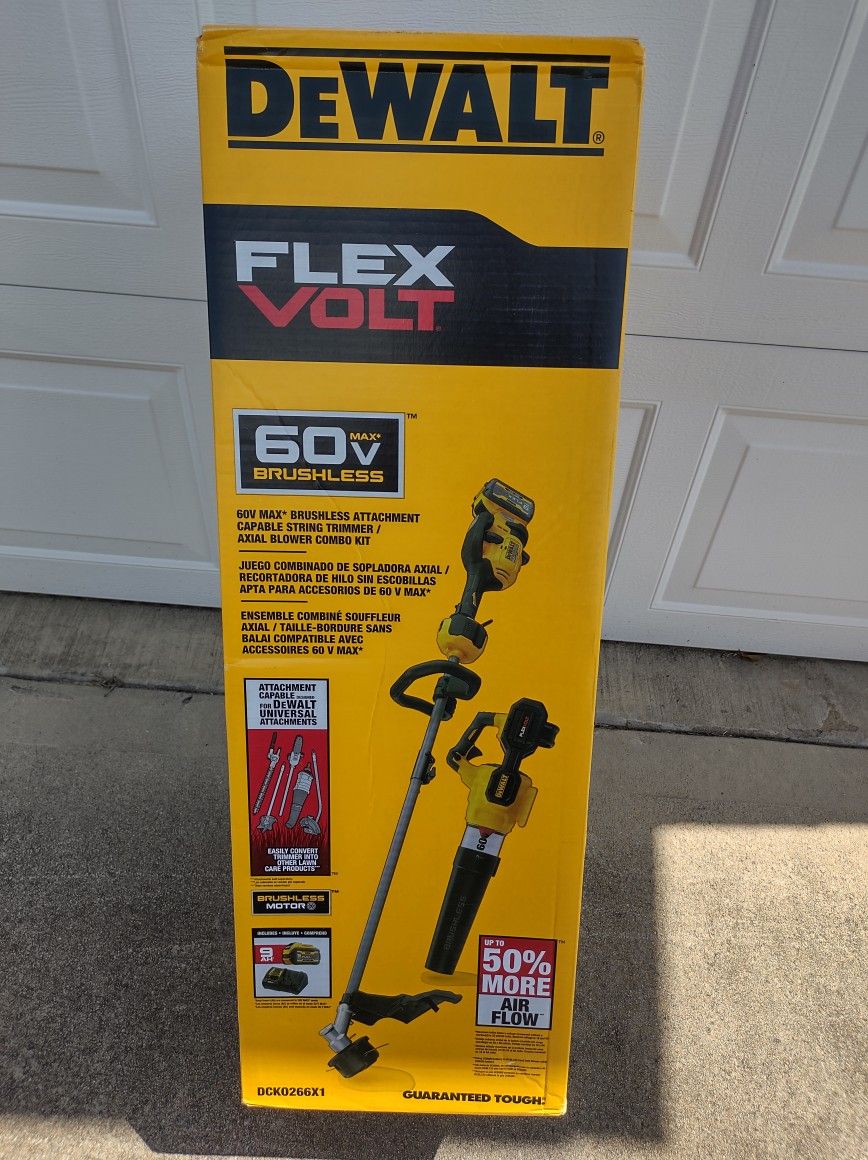 $450 FIRM. DeWalt 60V FLEXVOLT Brushless string trimmer + leaf blower 9.0Ah Battery and charger