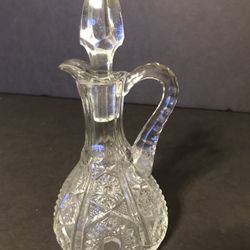 Vintage Crystal Cut Clear Glass Oil/Vinegar Cruet Decanter W/ Handle & Stopper