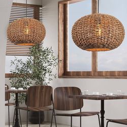 Rattan Pendant Light, Rattan Basket Light Fixtures Ceiling Hanging Boho Chandelier, 13.4" Woven Bamboo Rattan Hanging Lamp for Kitchen Island Hallway 